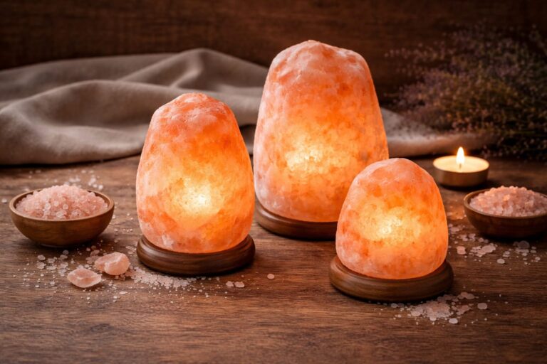 Natural Himalayan salt lamp on wooden base